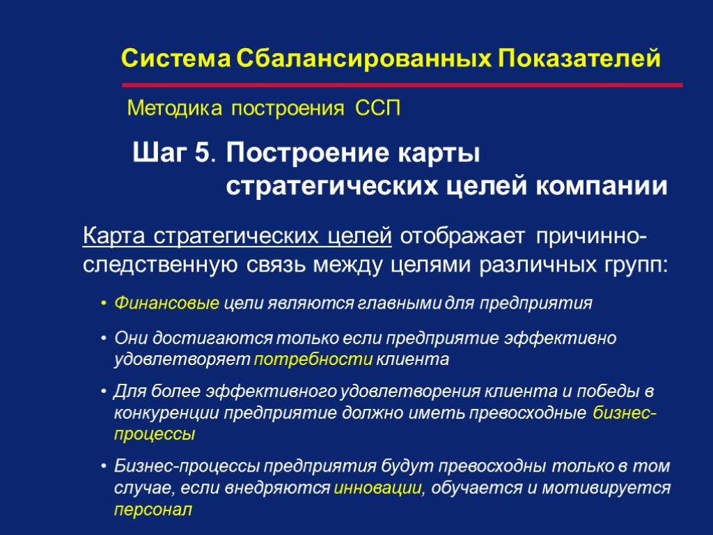 Карта стратегических целей отображает причинно-следственную связь между целями различных групп: Финансовые цели являются главными